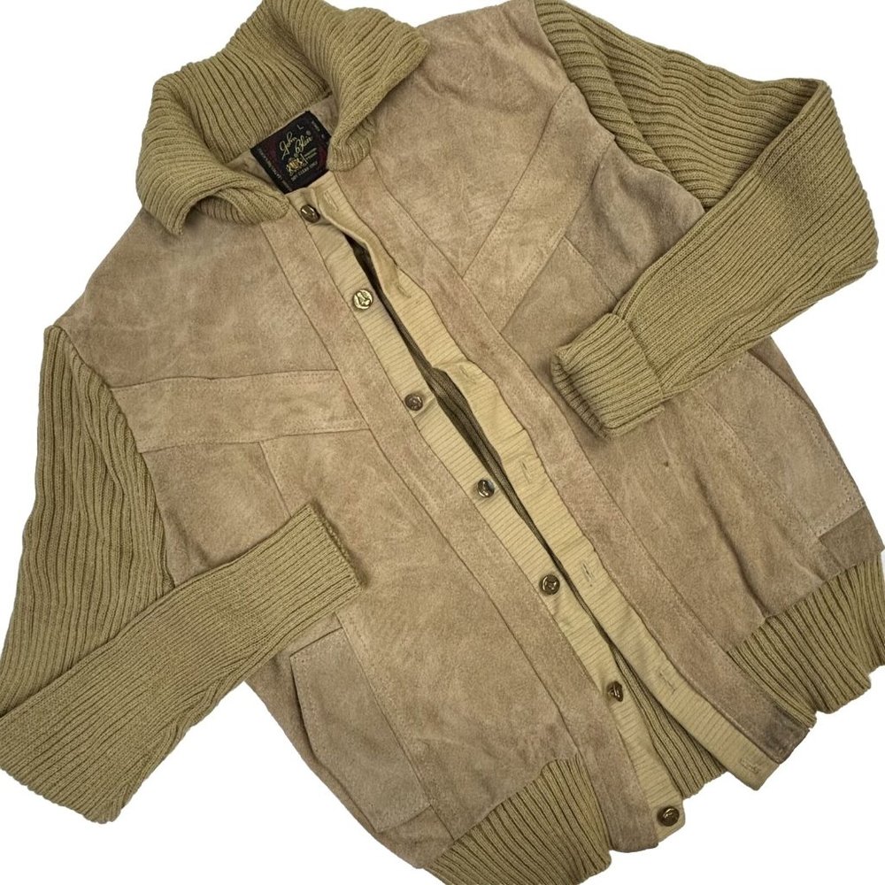 VTG Suede Leather Cardigan Sweater Rockabilly LARGE Blair Grunge Grandpa‎ EUC